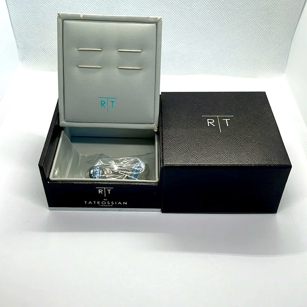 R|T by Robert Tateossian London Swarovski Blue Crystal Cufflinks Rhodium w Box